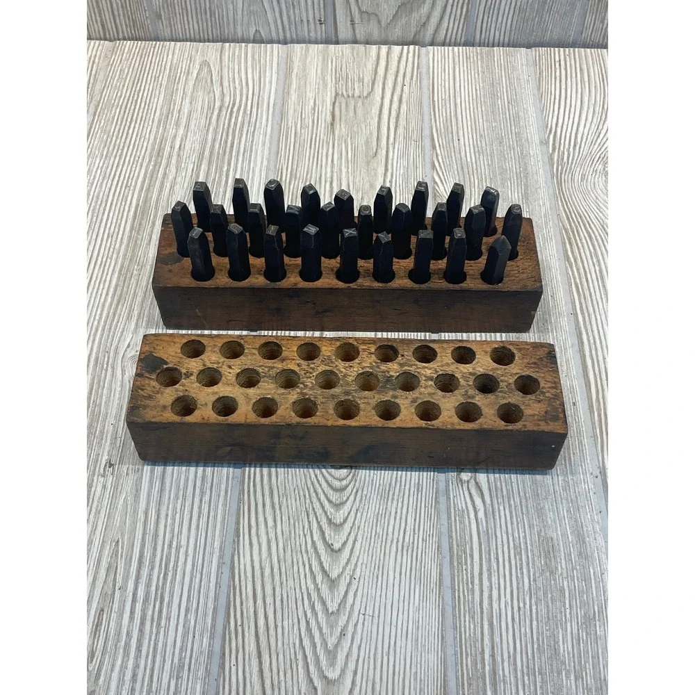 Vintage Industrial Metal Letter Stamp Set Alphabet A-Z with Wooden Storage Box